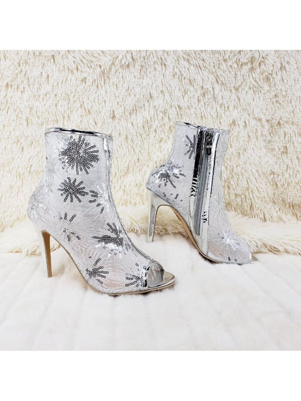 Silver Mesh Starburst Firework Sequin Design High Heel Ankle Boots 7.5 LAST ONE